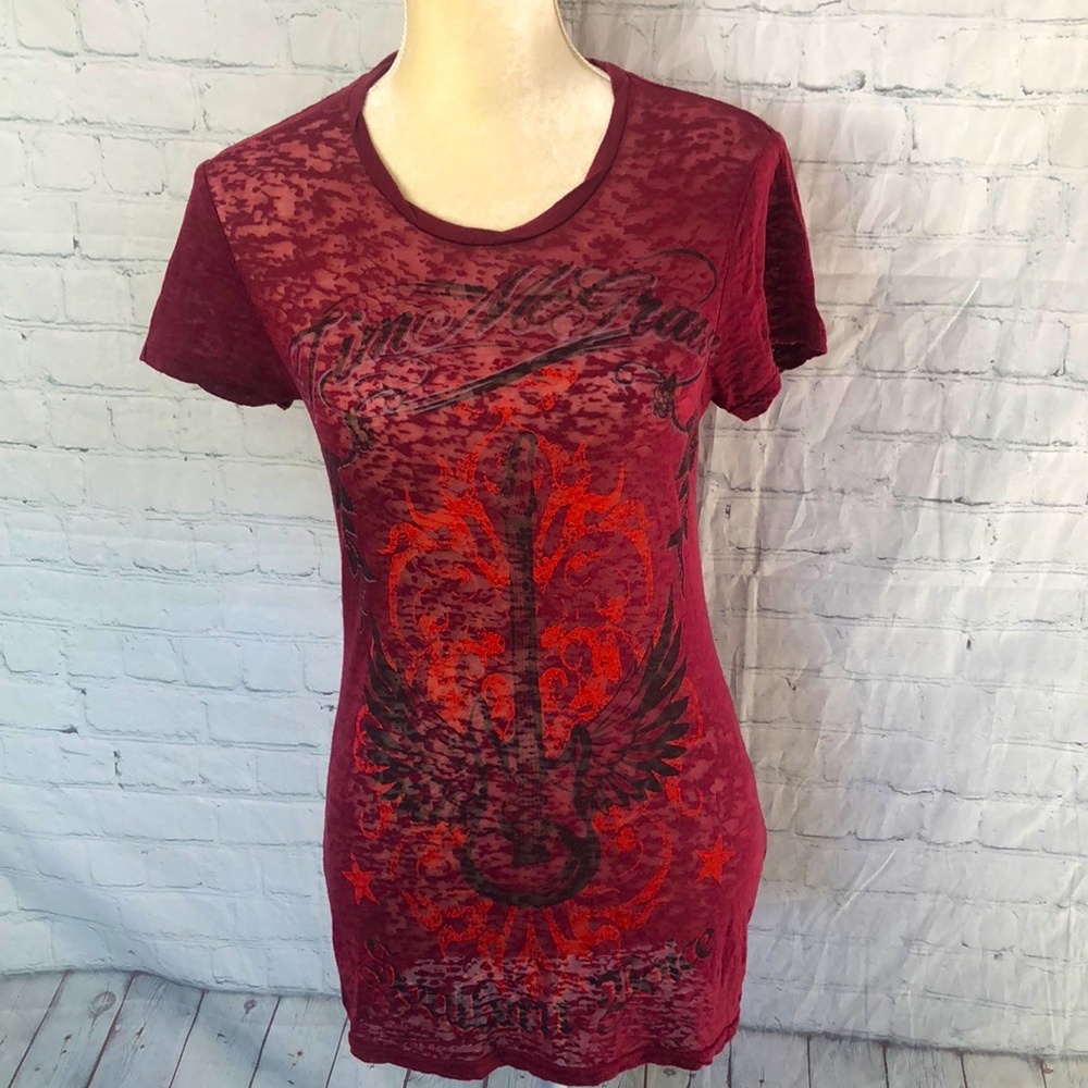 Kavio! Tim McGraw Southern Voice Printed Burnout  Shoulder Sleeve Burgundy Tee